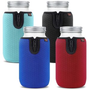 desing wish 64 oz wide mouth mason jar neoprene sleeve, 64oz non-slip cozy insulated glass jars protector holder sleeves 4.3 x 7.5 inches - 4 pack (black/red/blue/cyan)