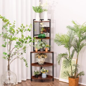 ALBAD 5 Tier Corner Shelf Stand, 59.8 Inch Corner Shelf Stand with Metal Frame, Wood Corner Bookshelf Plant Stand, Ladder Display Shelf for Bathroom, Living Room, Kitchen