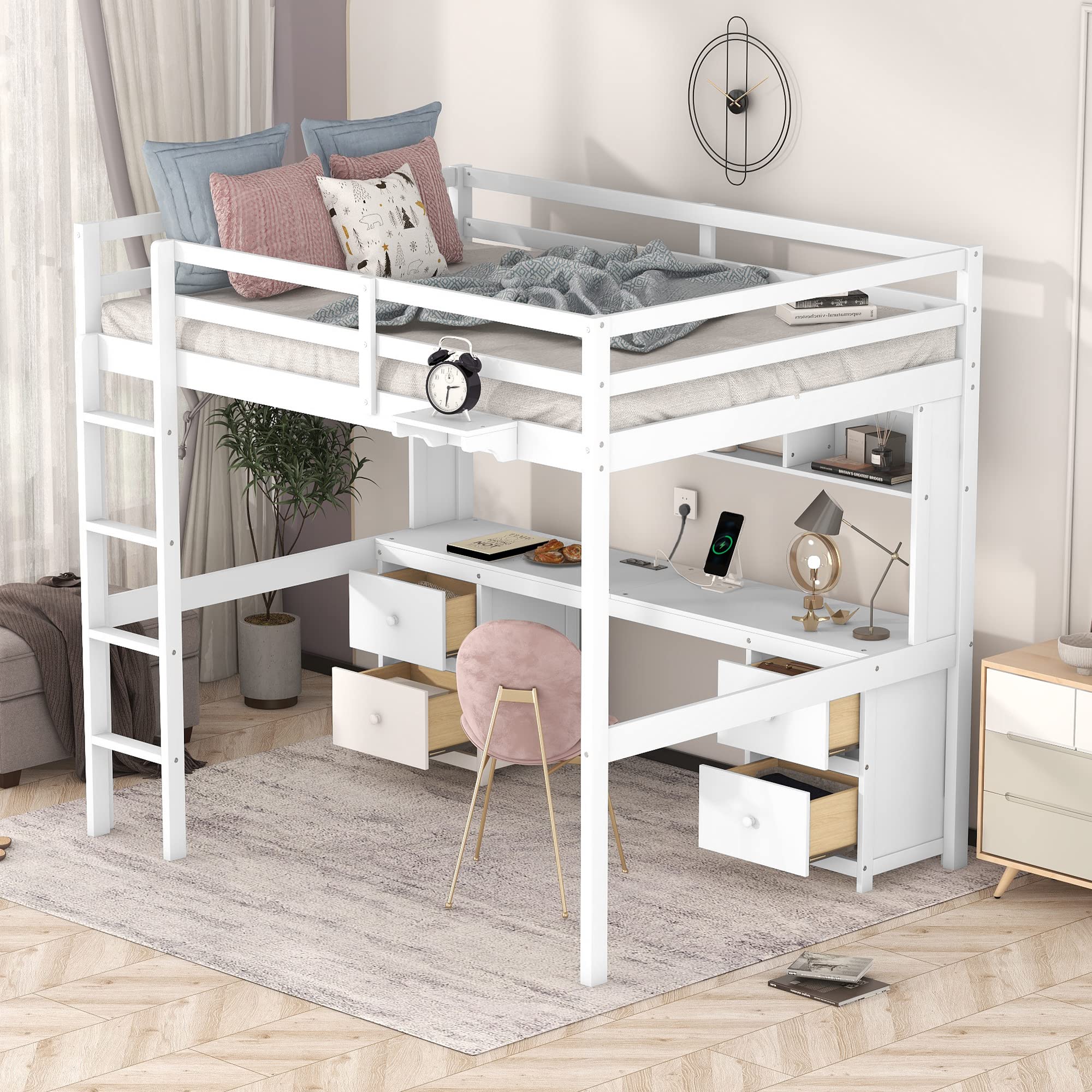 Jintop Full Size Loft Bed with Desk and Cabinets,Multifunctional Storage Solid Wood Bed Frame w/Drawers,Bedside Tray,Charging Station,Integrated Ladder,for Bedroom,Apartment,White