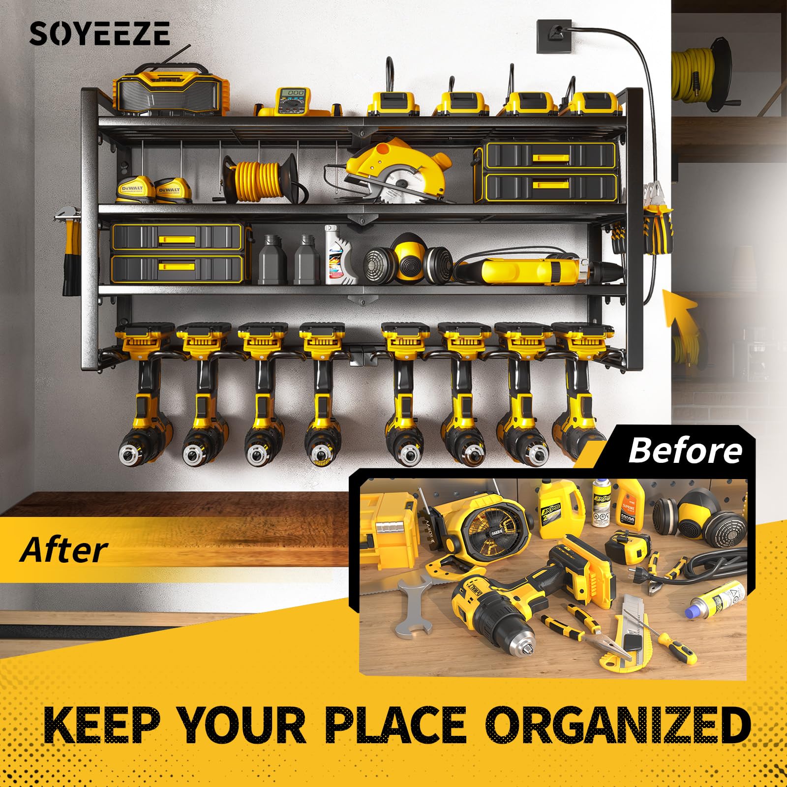 SOYEEZE Power Tool Organizer with Charging Station and 8 Outlets Power Strips,8 Drill Holders 4 Layer Garage Storage Wall Mount,Premium Utility Tool Rack & Shelf, Husband gifts