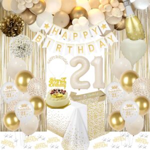 21st birthday decorations, white and gold 21st birthday decorations for her, happy birthday banner tablecloth cake topper birthday sash crown fringe curtain balloons for girl 21st birthday party decor