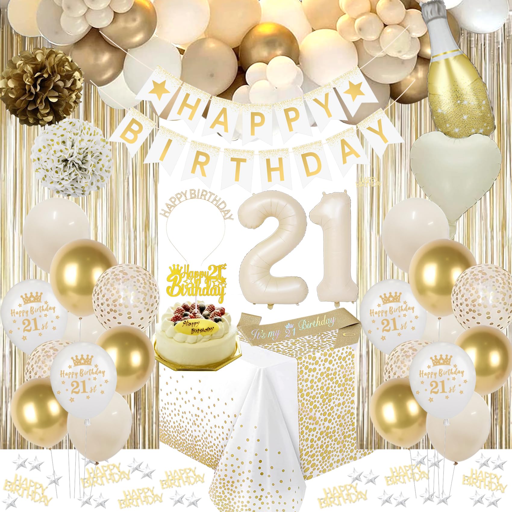 21st Birthday Decorations, White and Gold 21st Birthday Decorations for Her, Happy Birthday Banner Tablecloth Cake Topper Birthday Sash Crown Fringe Curtain Balloons for Girl 21st Birthday Party Decor