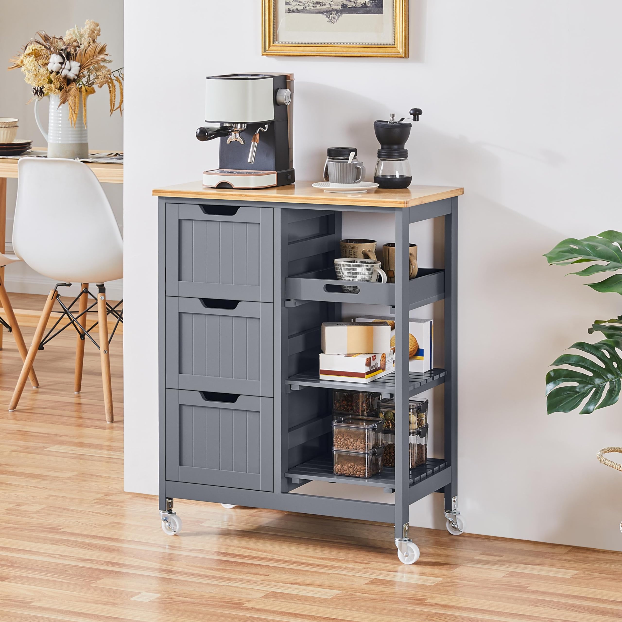 Yaheetech Kitchen Island Cart on Wheels with Storage, Rolling Bar Cart with Solid Wood Top and 3 Drawers, 3 Removable Shelves, Serving Utility Carts for Dining Room/Small Kitchen, Dark Gray