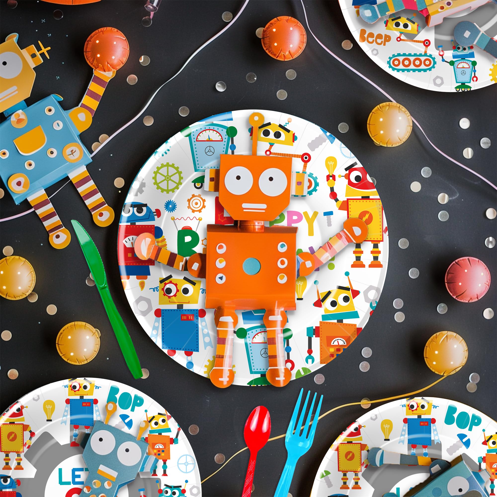 YJRJSC Robot Birthday Party Supplies, Robot Party Decorations Tableware, Paper Plate, Cup, Napkin, Tablecloth, Disposable Cutlery, Robot Let's Go Nuts Theme Birthday Baby Shower Decorations | Serve 24