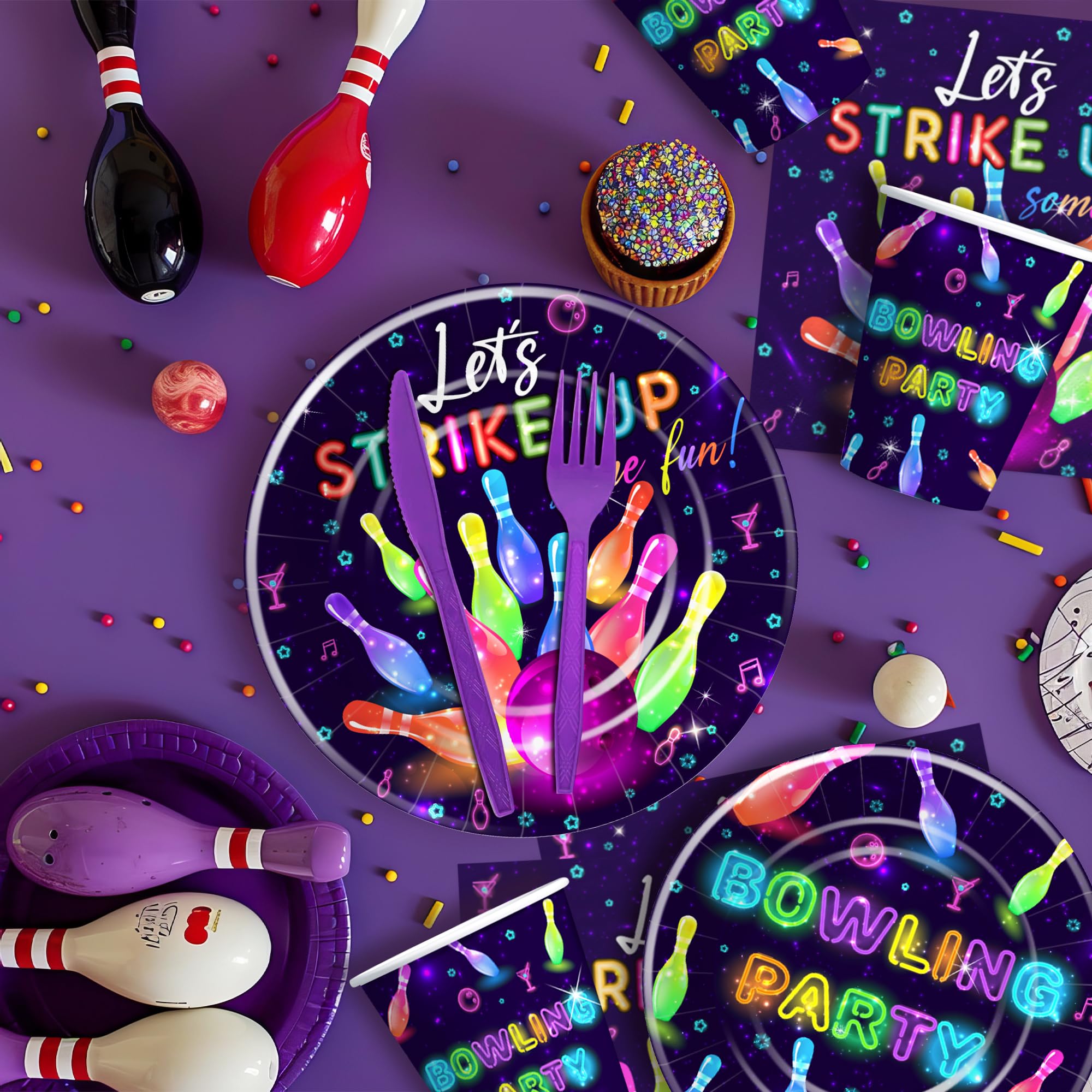 YJRJSC Bowling Birthday Party Supplies - Bowling Party Decorations Tableware, Paper Plate, Cup, Napkin, Fork, Strike Up Some Fun Bowling Ball Birthday Baby Shower Decorations Dinnerware | Serve 24