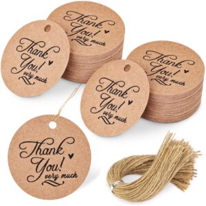 sallyfashion 120pcs thank you gift tags, round brown paper tags with string 2inch circle labels for birthday wedding party gift baby shower