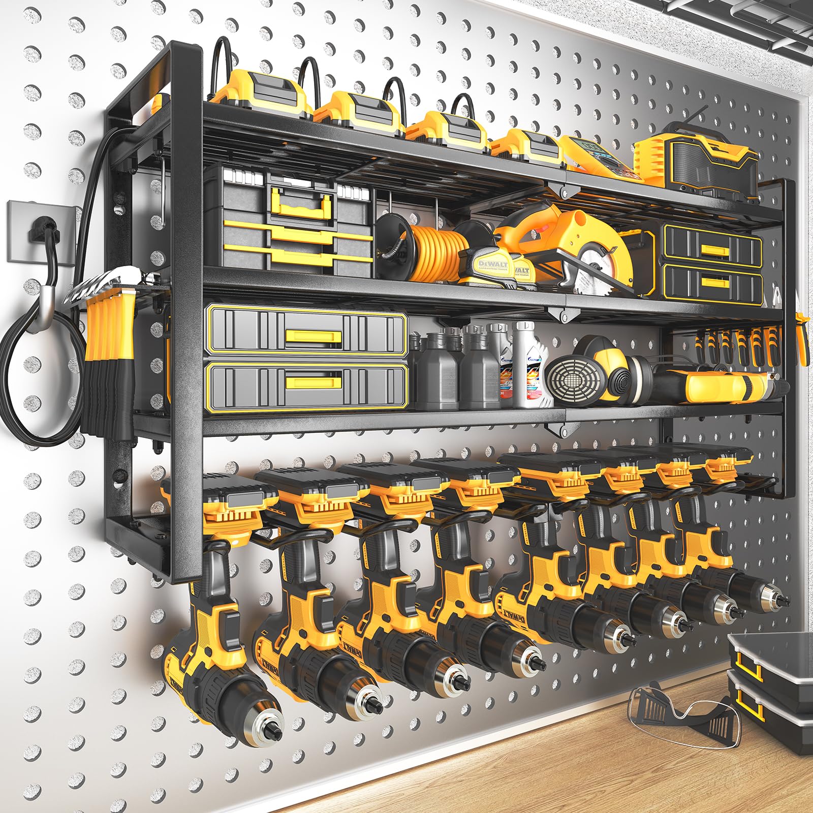 SOYEEZE Power Tool Organizer with Charging Station and 8 Outlets Power Strips,8 Drill Holders 4 Layer Garage Storage Wall Mount,Premium Utility Tool Rack & Shelf, Husband gifts