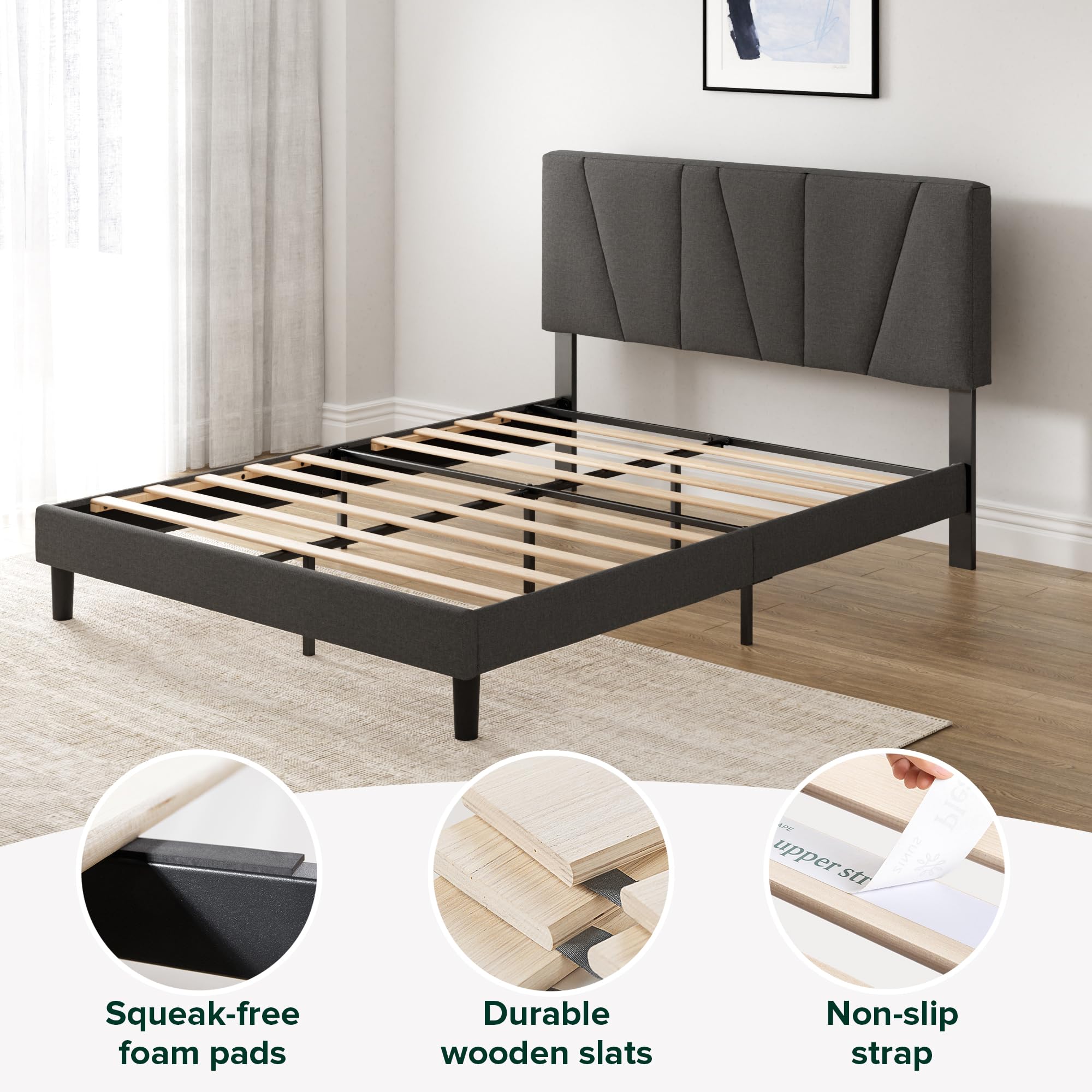 Zinus Queen Maya Upholstered Bed Frame with Asymmetric Headboard, Durable Wooden Slats, Sturdy Framework, Noise Free Sleep, No Box Spring Needed, Easy Assembly, Eco Friendly Packaging, Dark Grey