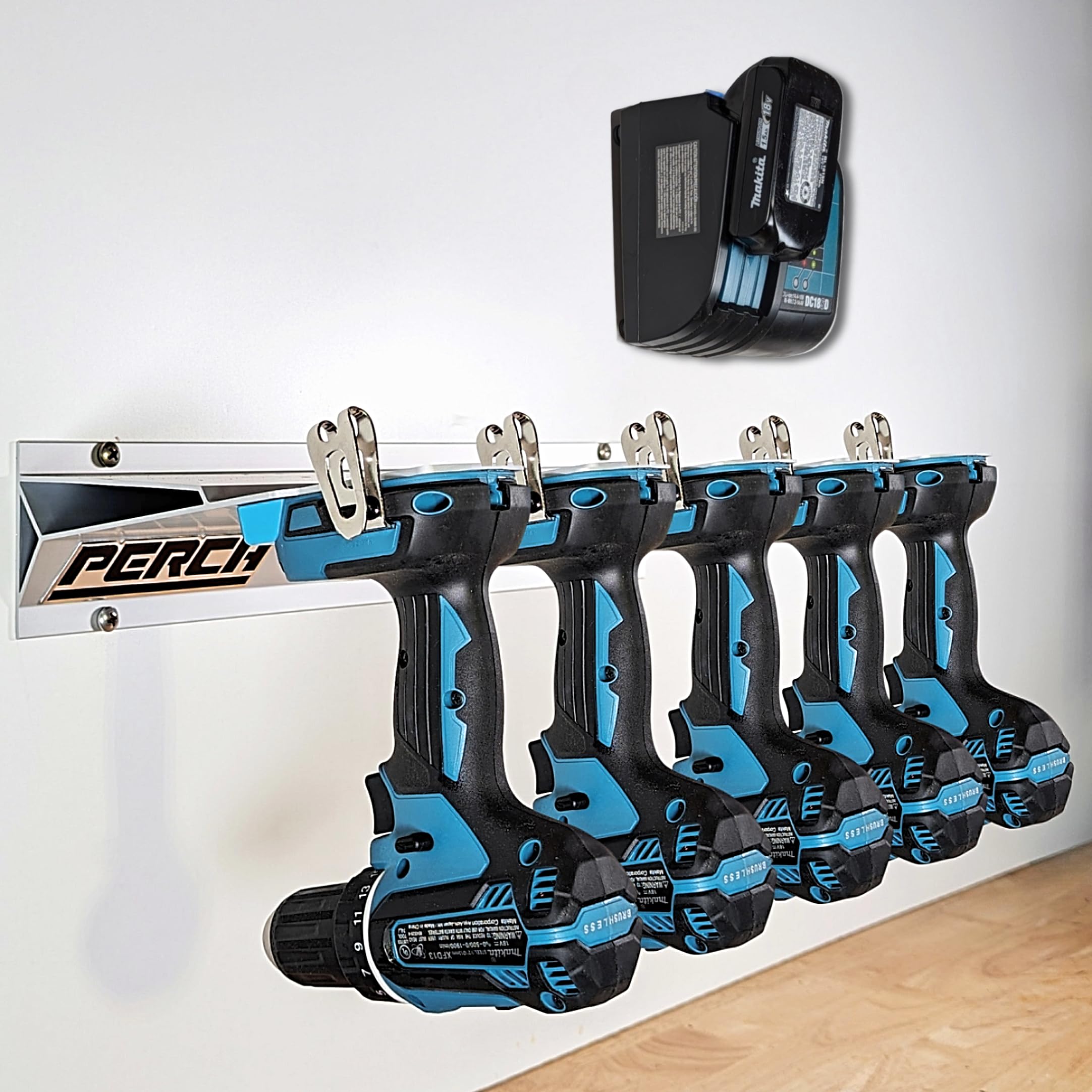 PERCH Tool Holder Rack Makita | Securely Mounts 5 Cordless Tools | Universal Mounting | Most Durable Tool Rack (Tool Rack 5 Tools)