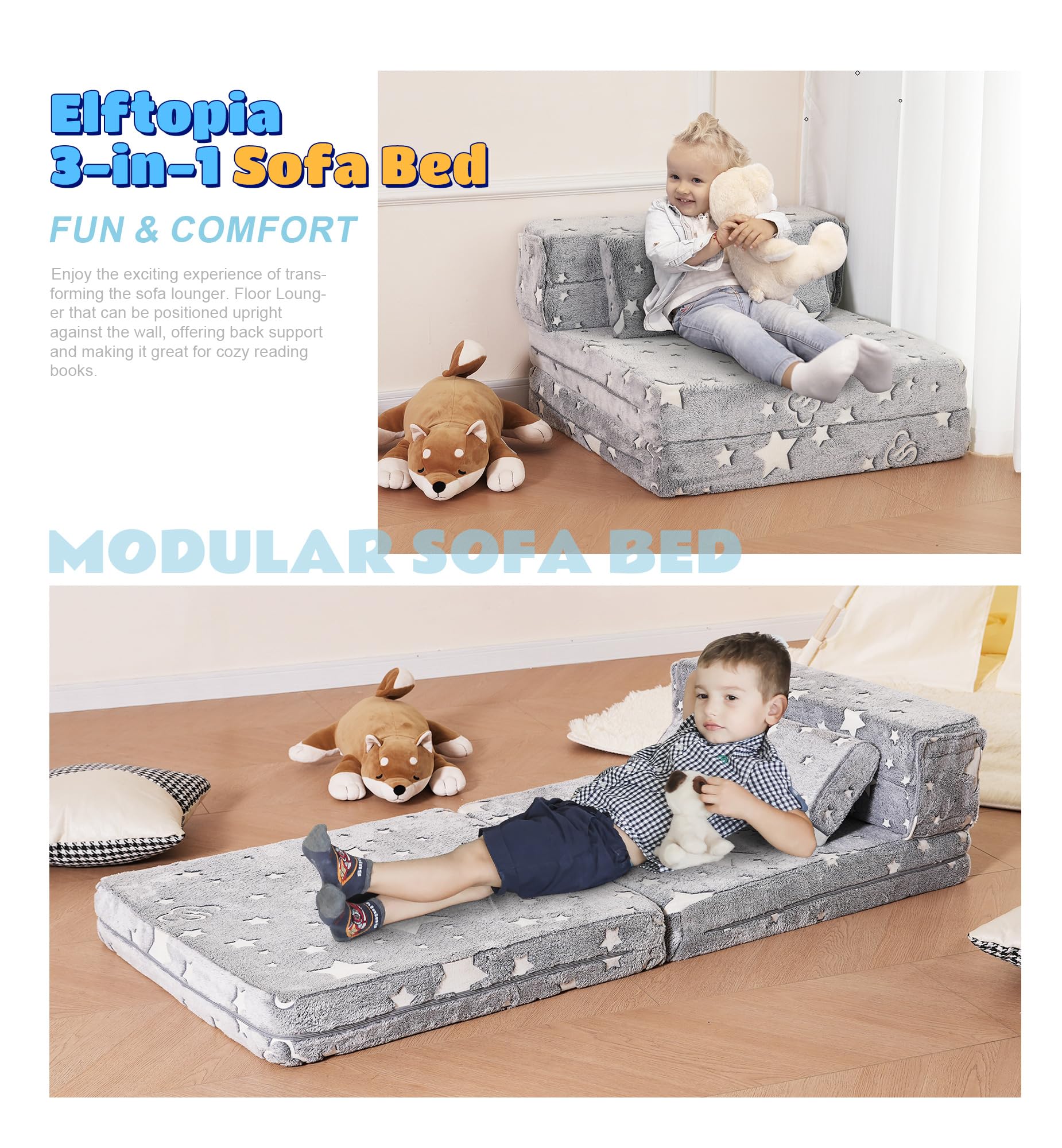 Elftopia 3-in-1 Folding Sofa Bed for Kids,Tri Folding Floor Toddler’s Mattress Fold up Sofa Bed,Child Foldable Futon Mattress,Folding Couch for Kids,Glow in Dark-Stars