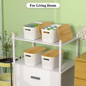 Plastic Storage Bins with Bamboo Lids Set of 4 - Pantry Organization and Storage Containers Storage Baskets - Stackable Storage Bins for Shelves Drawers Desktop Closet Playroom Classroom Office