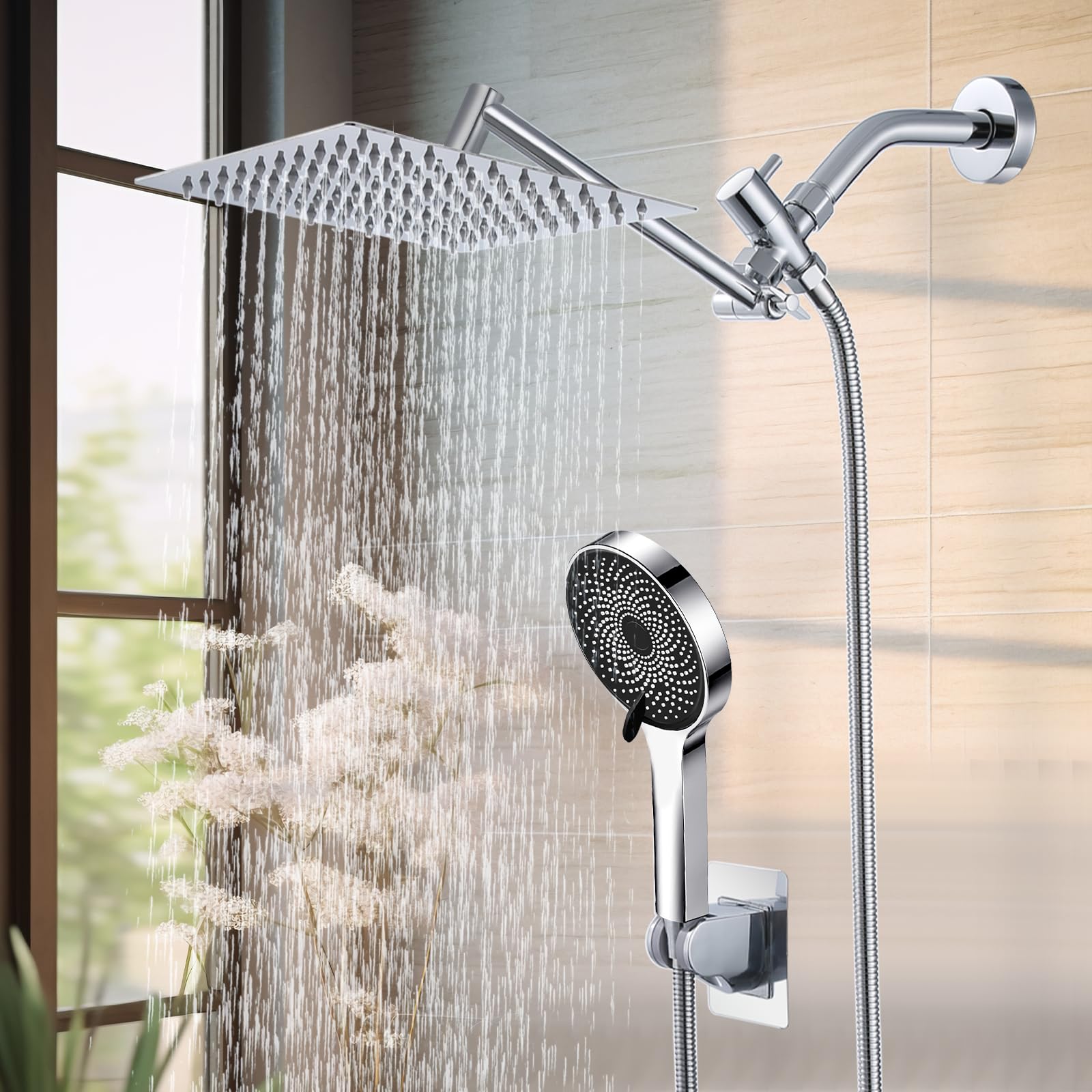 Shower Head,8”Rain Shower Head with Handheld Spray Combo with 11'' Angle Adjustable Extension Arm/Flow Regulator/Shower System,High Pressure Rainfall Shower Head Clean Bathroom, Silver