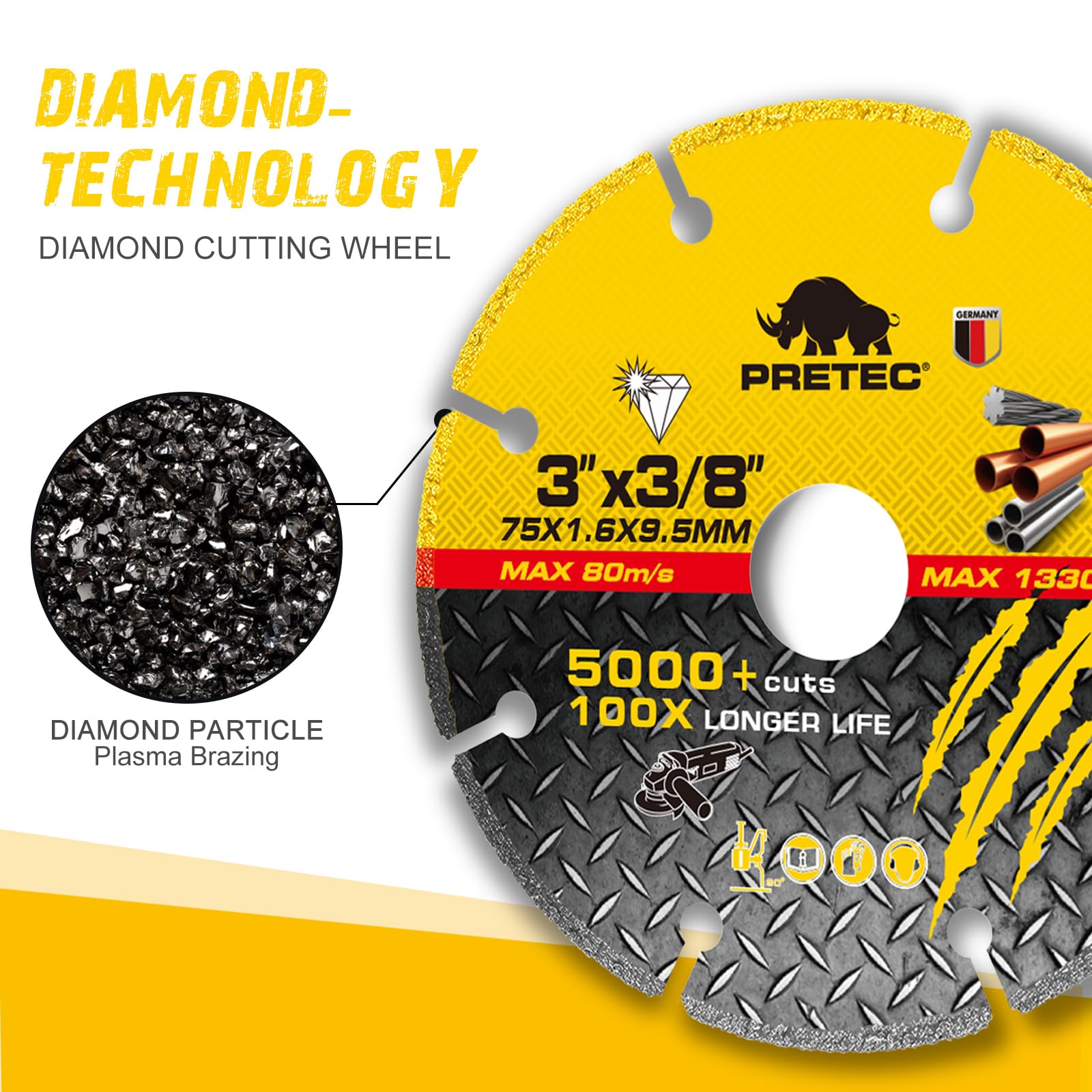 PRETEC 3 Inch Diamond Cutting Wheel for Metal, 2 Pcs Carbide Cut Off Wheels with 3/8" Arbor Hole, 3'' Angle Grinder Cutting Disc with 5000+ Cuts on Rebar, Steel, Iron and INOX, 100x Longer Wheel Life