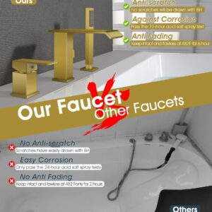 Modern Roman Tub Faucet with Hand Shower, Deck Mount Tub Filler Bathtub Faucet with Sprayer, Single Handle Bathtub Faucet Set, Widespread 3 Hole Bathtub Faucet (Brushed gold-Wide Spout)