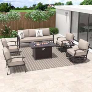 alaulm aluminum patio furniture set with propane fire pit table metal outdoor furniture w/fire pit patio conversation sets w/5.1" cushions and 7 seats for patio,backyard,poolside-khaki