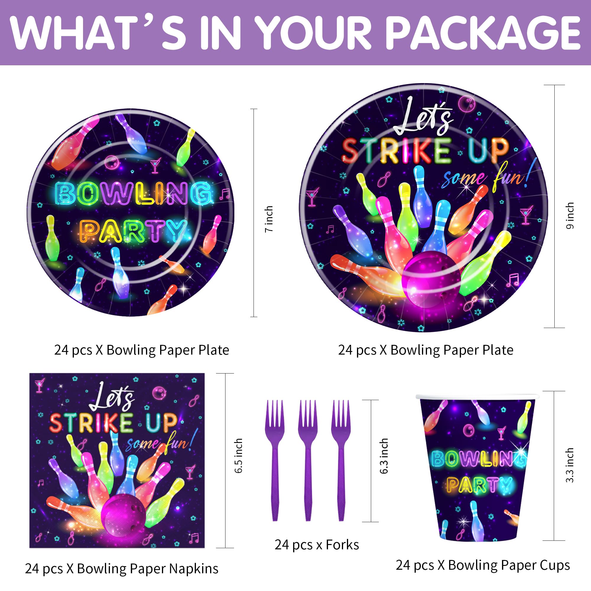 YJRJSC Bowling Birthday Party Supplies - Bowling Party Decorations Tableware, Paper Plate, Cup, Napkin, Fork, Strike Up Some Fun Bowling Ball Birthday Baby Shower Decorations Dinnerware | Serve 24