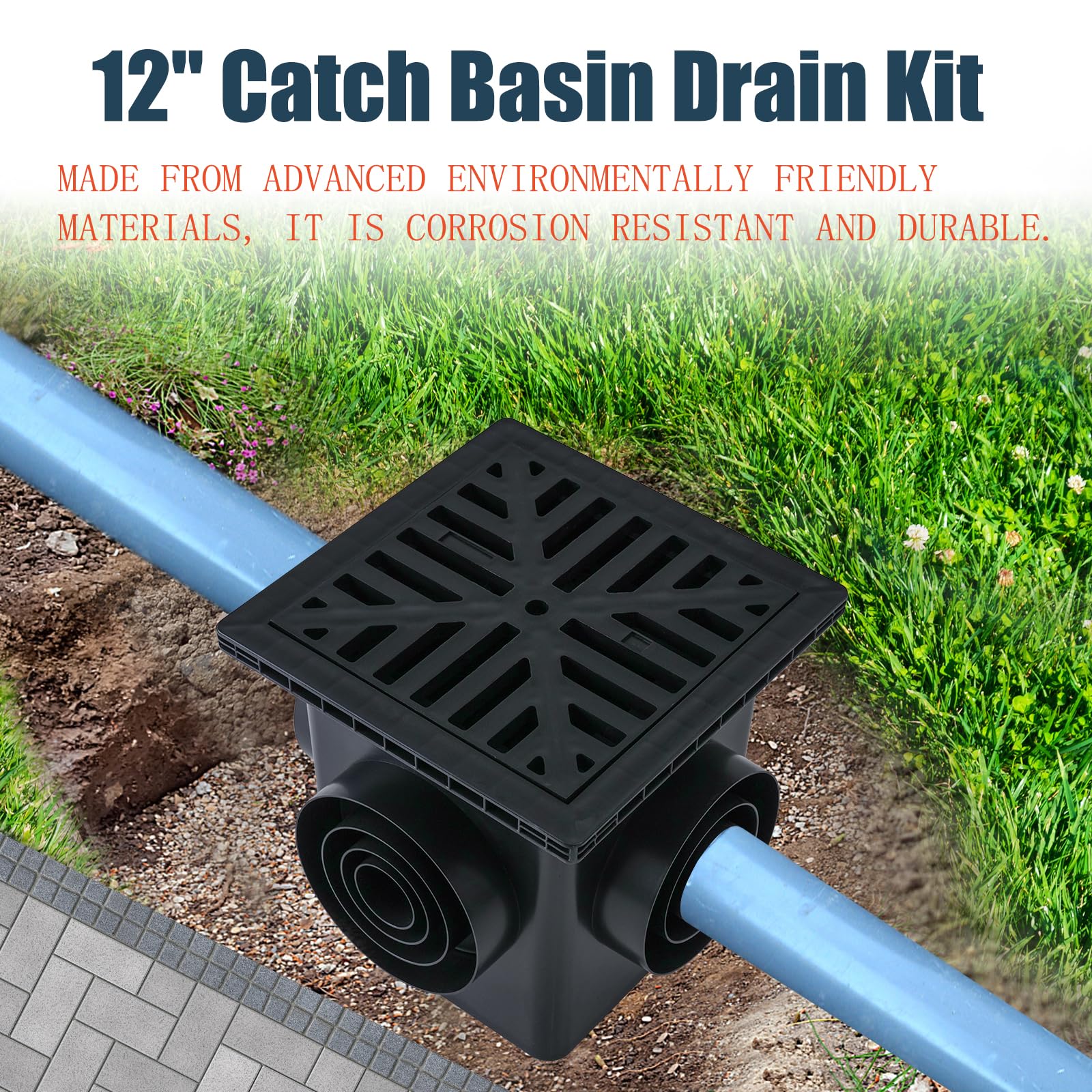 Dooeant Upgrade 12-Inch Catch Basin Drainage Kit with Debris Basket Strainer, Fit for 4 Size(2",3",4-3/8",6-3/8") Pipes, for Garden, Yard, Lawns, Outdoor (1 Pack)