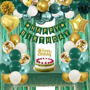 green birthday decorations, emerald green and gold balloons party decorations happy birthday banner emerald green fringe curtain birthday tablecloth paper pom poms for women men birthday decor