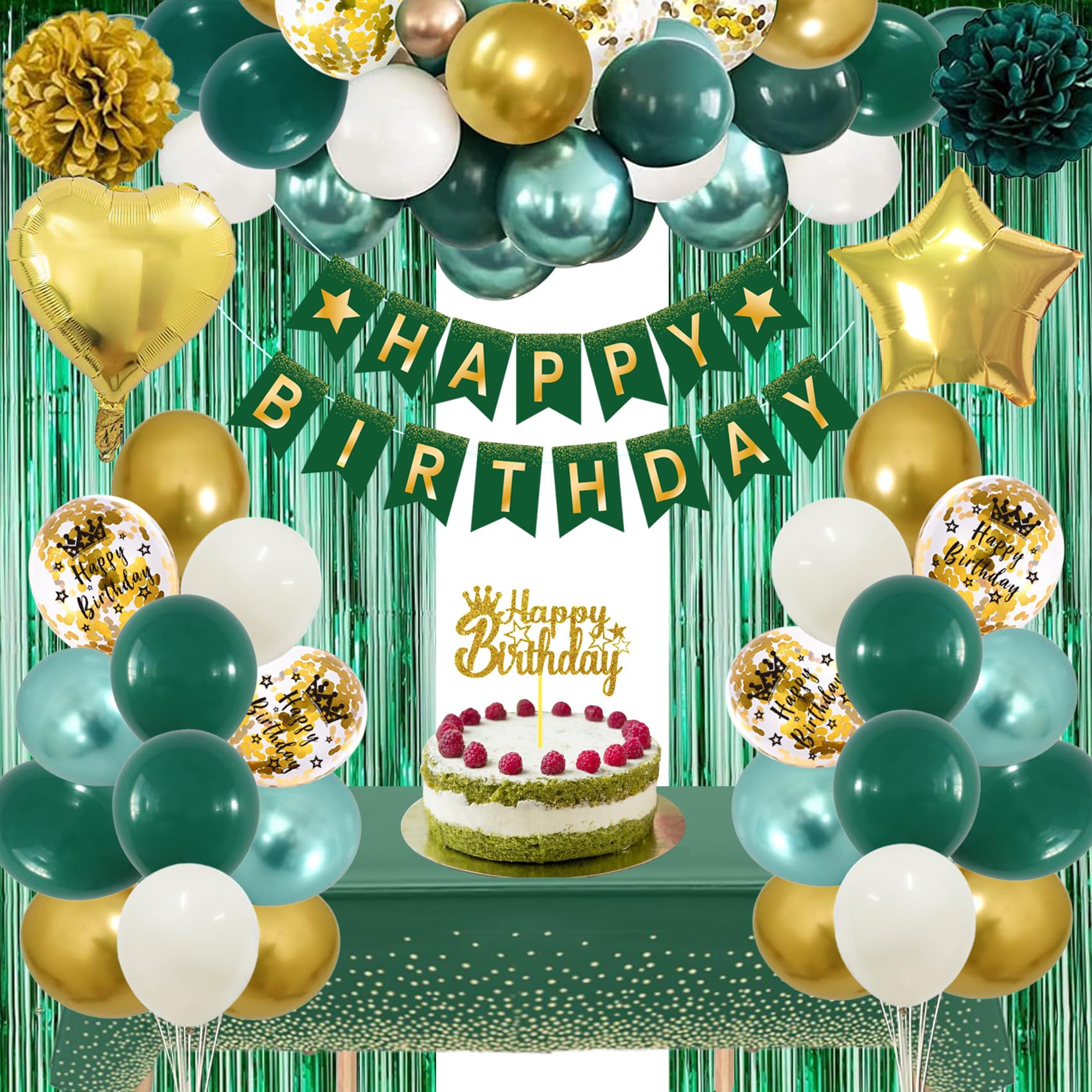 Green Birthday Decorations, Emerald Green and Gold Balloons Party Decorations Happy Birthday Banner Emerald Green Fringe Curtain Birthday Tablecloth Paper Pom Poms for Women Men Birthday Decor