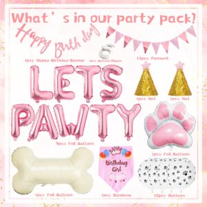 Dog Birthday Decorations Girls - Dog Party Decorations Cute Dog Girl Birthday Bandana Hats Happy Birthday Banner Pennant Pink Dog Paw Bone Foil Balloons for Pet Puppy Party Supplies