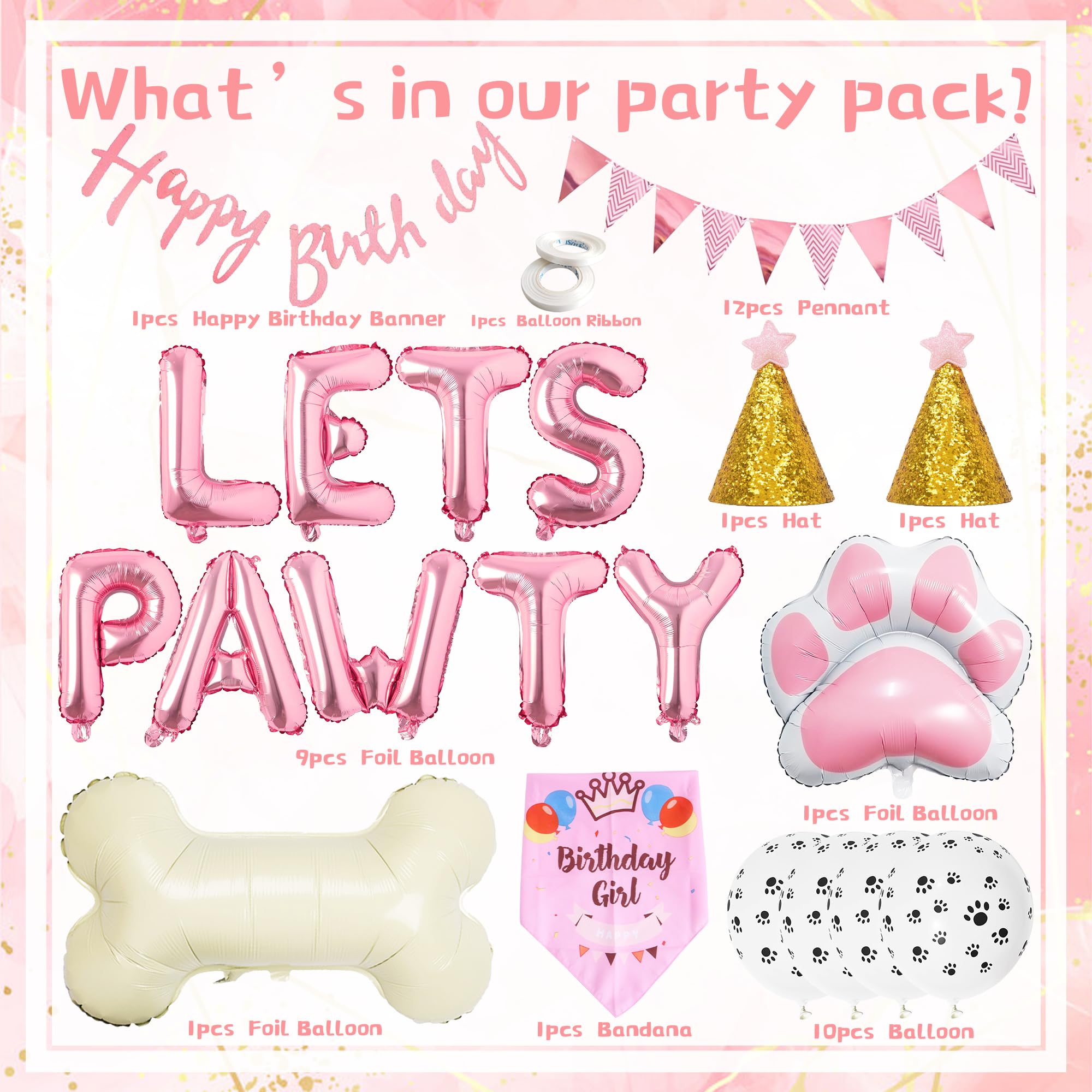 Dog Birthday Decorations Girls - Dog Party Decorations Cute Dog Girl Birthday Bandana Hats Happy Birthday Banner Pennant Pink Dog Paw Bone Foil Balloons for Pet Puppy Party Supplies