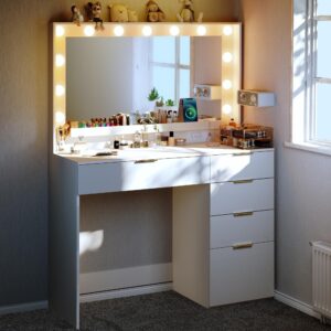 alexnutre makeup vanity desk with large mirror and 13 led lights, 39.3in vanity table with power outlet & 5 drawers, 3 lighting color adjustable, vanity desk for bedroom and dressing room, white