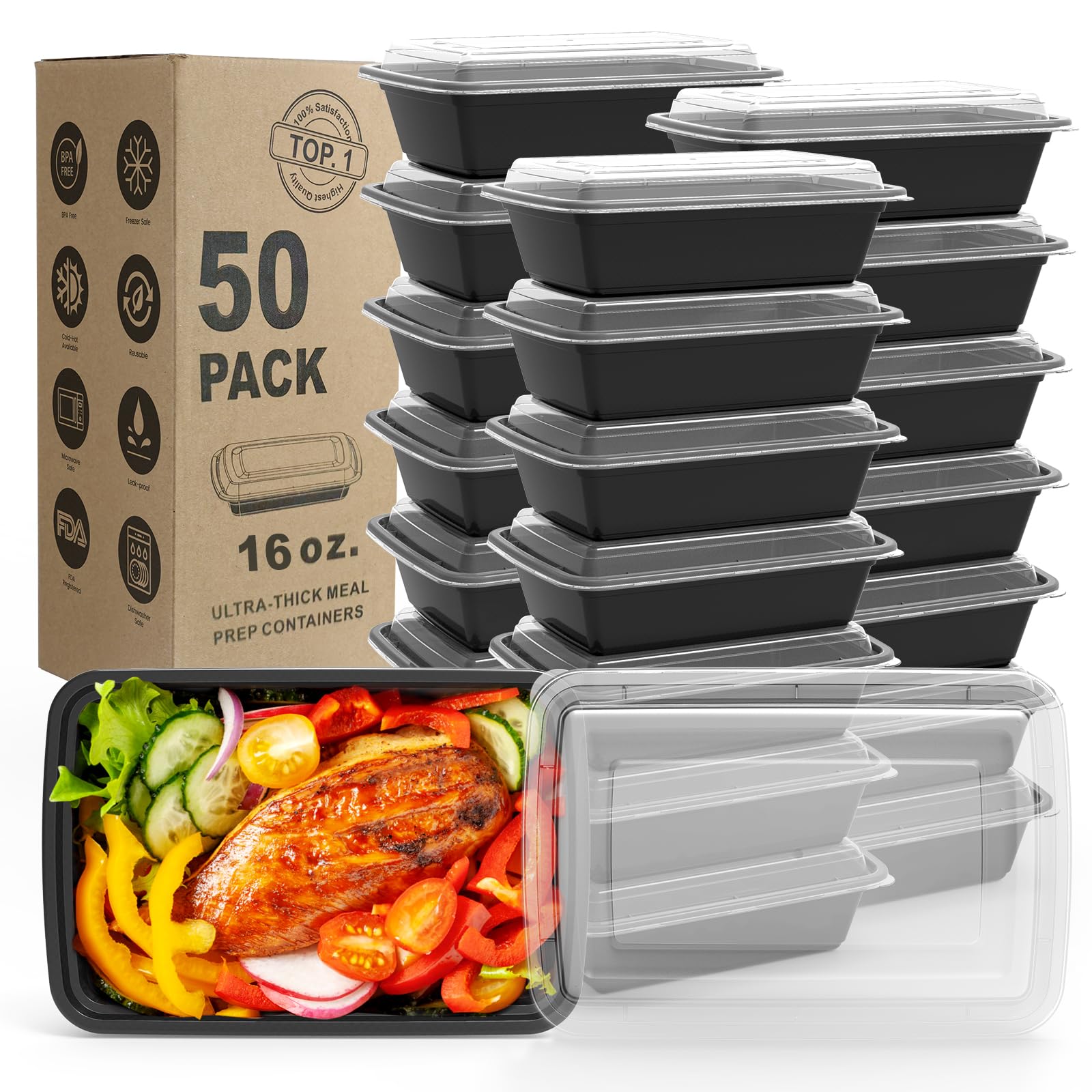 WGCC Meal Prep Containers Reusable - 50 Pack Food Storage Containers with Lids 16 oz - Disposable To Go Food Containers, BPA Free, Stackable, Microwave/Dishwasher/Freezer Safe, Black