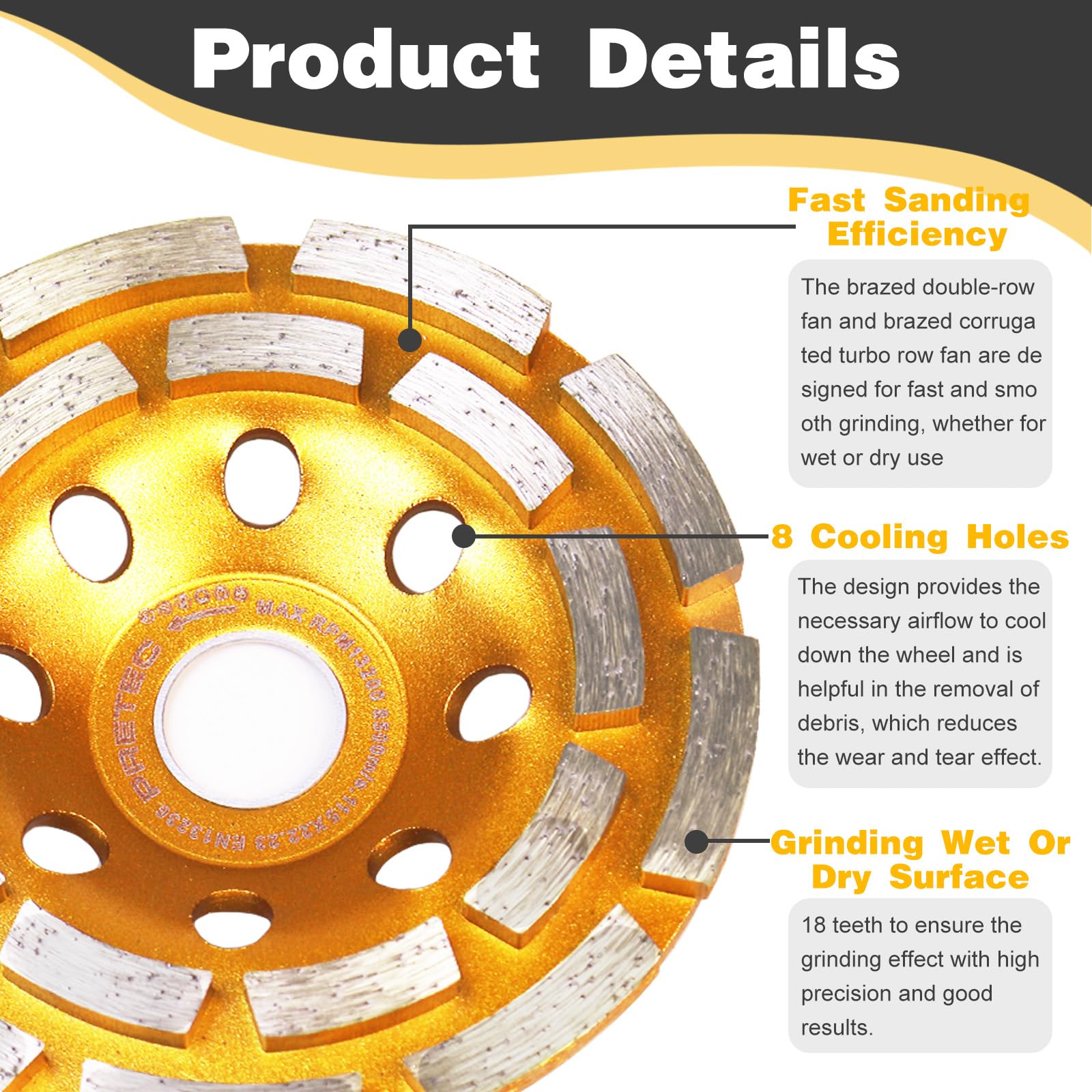 PRETEC 4 1/2 inch Concrete Grinding Wheel, 2 Packs 14-Segment Turbo Row & 18-Segment Double Row Grinder Wheel Grinder Disc for Polishing and Cleaning Concrete Surface, Cement, Marble, Granite