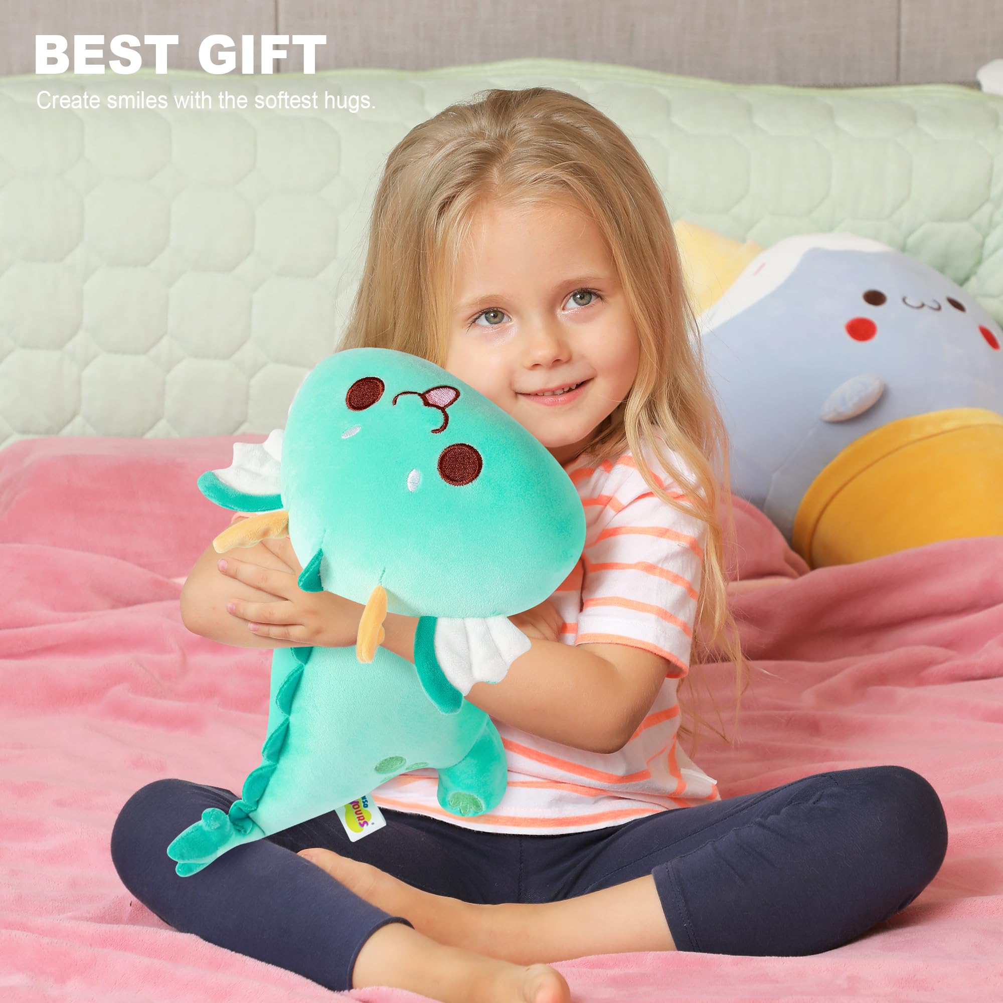 Onsoyours Chubby Dragon Stuffed Animal Adorable Plushies Soft Huggable Plush Pillow Kawaii Cute Dragon Plushie Toy for Kids (Cyan Dragon, 10")