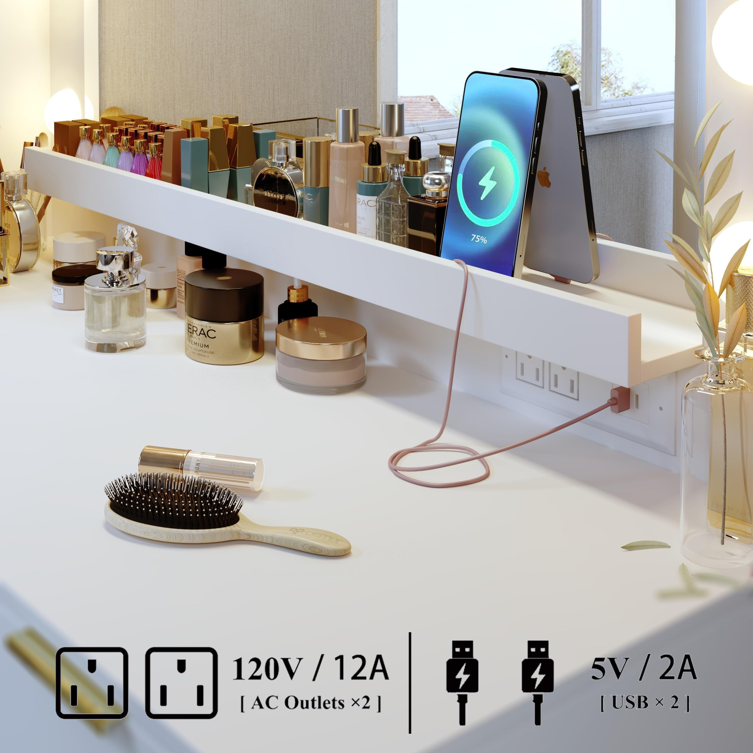 ALEXNUTRE Makeup Vanity Desk with Large Mirror and 13 LED Lights, 39.3in Vanity Table with Power Outlet & 5 Drawers, 3 Lighting Color Adjustable, Vanity Desk for Bedroom and Dressing Room, White