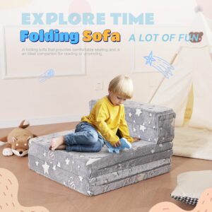 Elftopia 3-in-1 Folding Sofa Bed for Kids,Tri Folding Floor Toddler’s Mattress Fold up Sofa Bed,Child Foldable Futon Mattress,Folding Couch for Kids,Glow in Dark-Stars