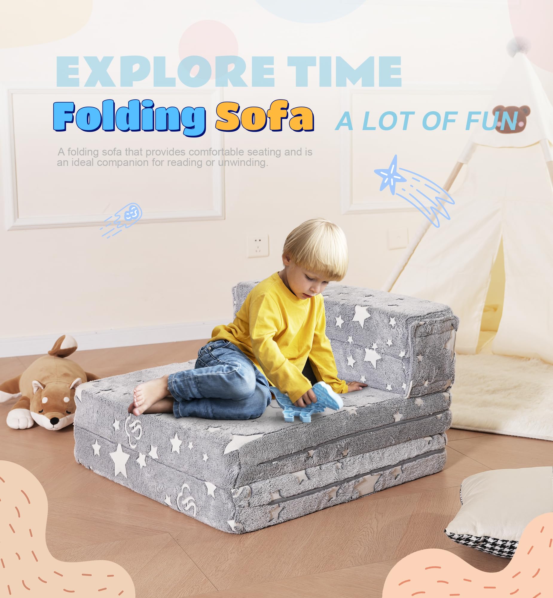 Elftopia 3-in-1 Folding Sofa Bed for Kids,Tri Folding Floor Toddler’s Mattress Fold up Sofa Bed,Child Foldable Futon Mattress,Folding Couch for Kids,Glow in Dark-Stars