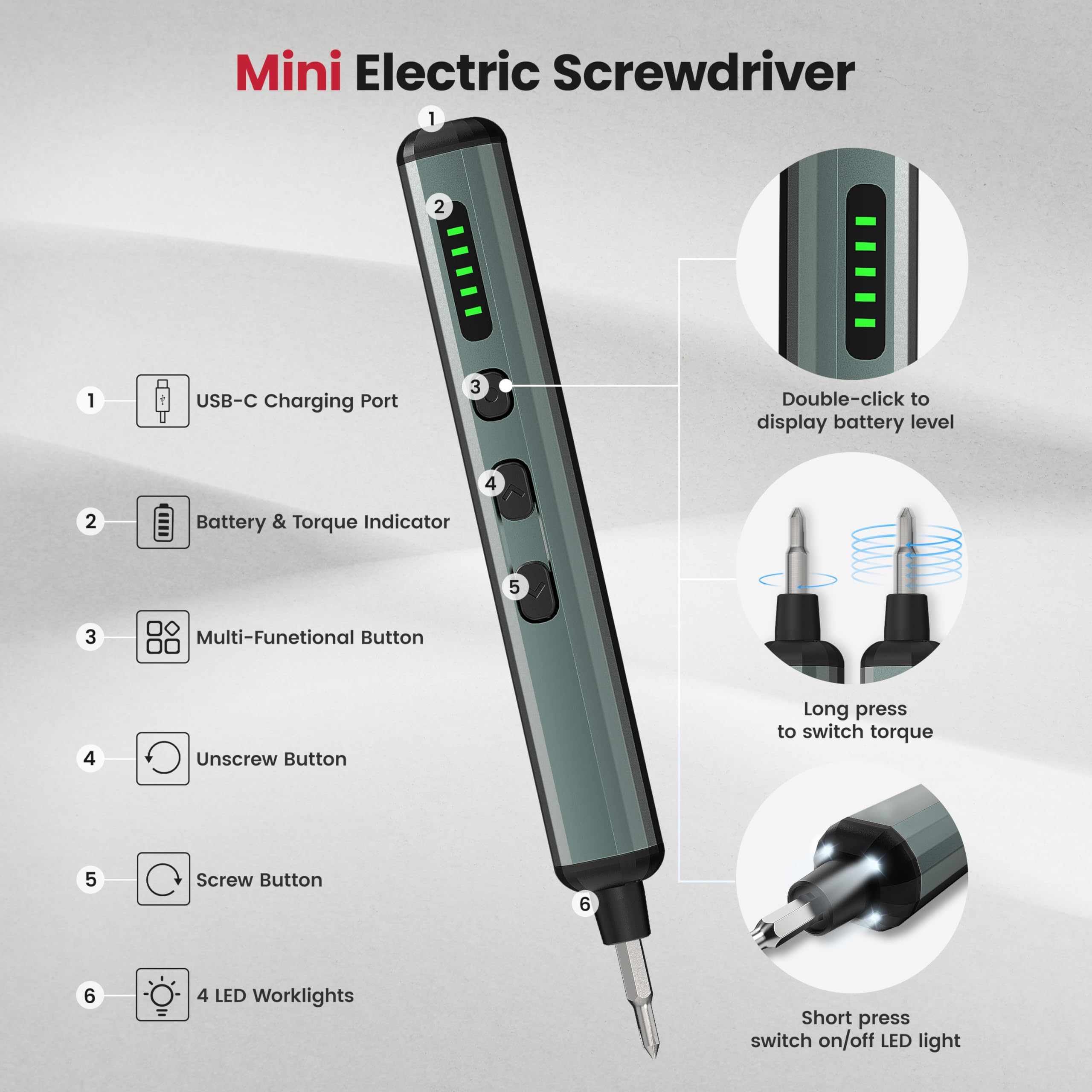 KAIWEETS 70-in-1 Mini Electric Screwdriver, Rechargeable Cordless Screwdriver Set with 64 S2 Magnetic Bits, 5 Gears Torque, 4 LED Lights, Power Screwdriver for Precision Work Phone Camera Laptop Watch