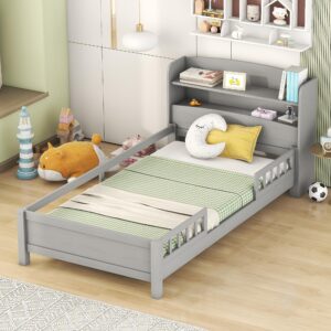 SOFTSEA Twin Size Platform Bed with Storage Headboard and LED Light, Wood Bed Frame with Fence Guardrails for Kids, Kids Twin Bed Frame, No Box Spring Needed, Gray