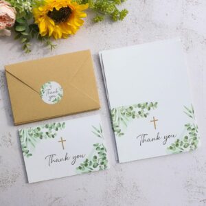 BYBOUS 25 Pack Thank You Cards with Envelope & Stickers, 4 * 6in Watercolor Greenery Cross Blank Inside Thank You Card for Bulk Baptism, Wedding, Bridal Shower, Baby Shower, Communion, Funeral