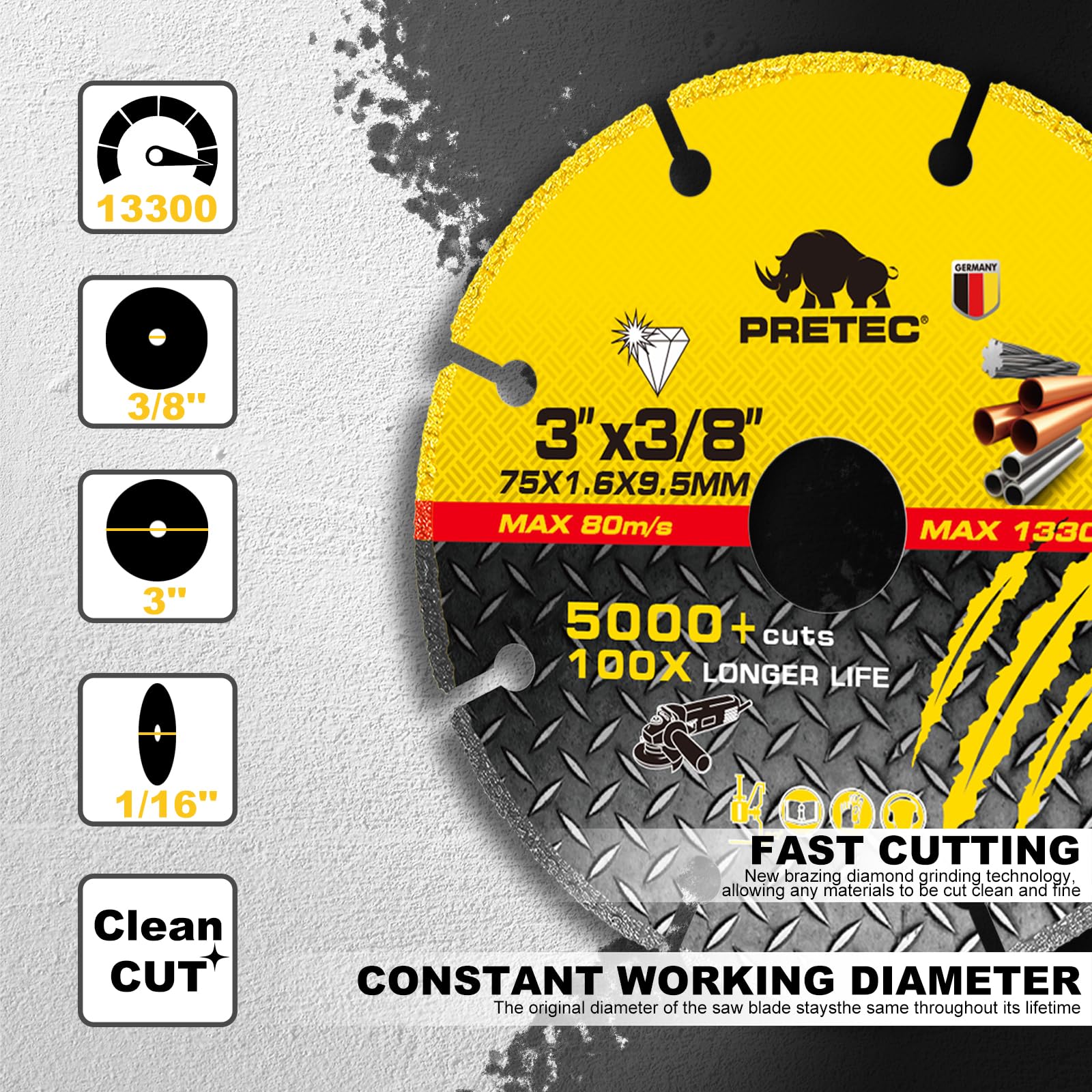 PRETEC 3 Inch Diamond Cutting Wheel for Metal, 2 Pcs Carbide Cut Off Wheels with 3/8" Arbor Hole, 3'' Angle Grinder Cutting Disc with 5000+ Cuts on Rebar, Steel, Iron and INOX, 100x Longer Wheel Life