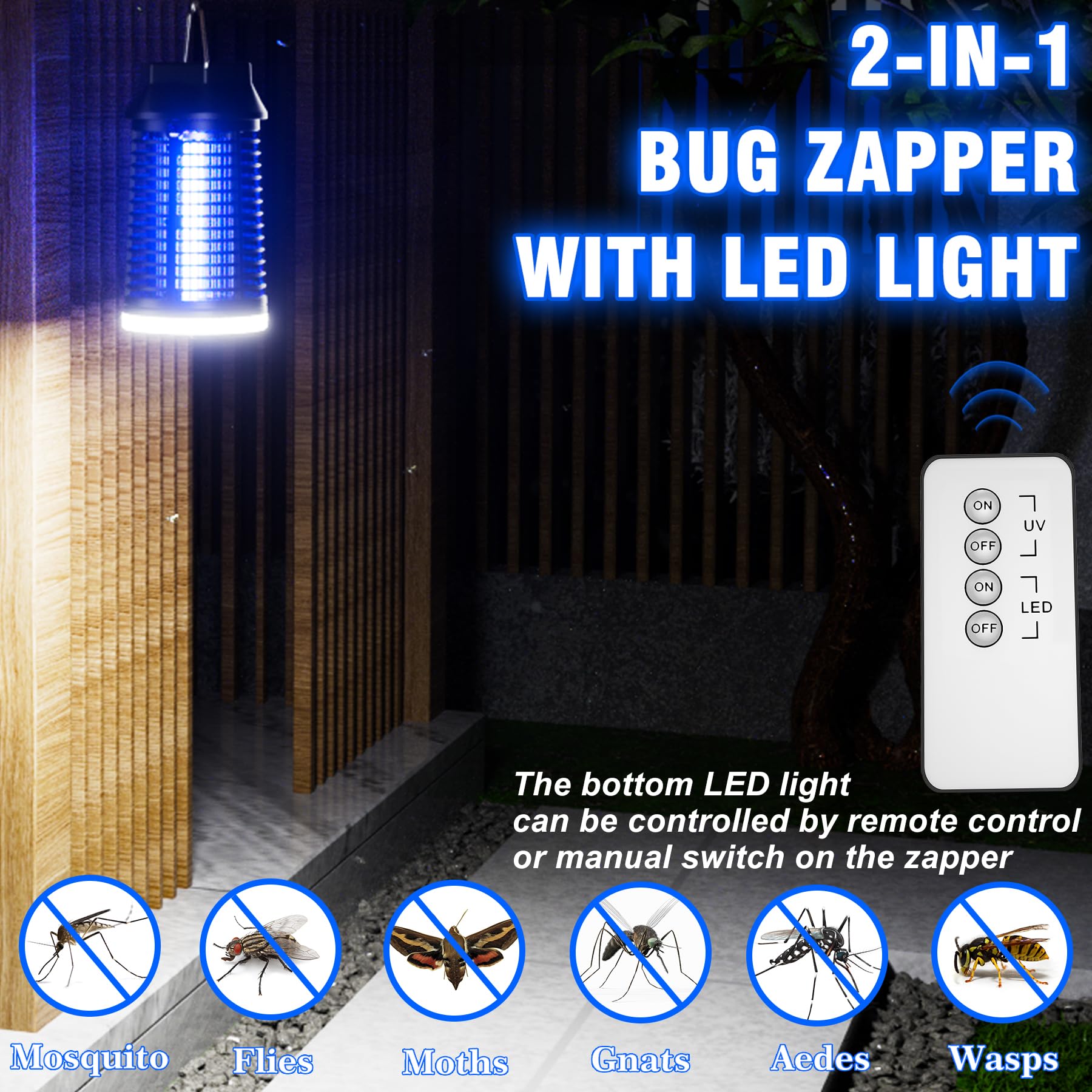 Remote Control Bug Zapper with LED Light, Waterproof Mosquito Zapper Outdoor, Electric Fly Zapper, Insect Killer & Fly Traps for Outside, Patio, Porch, Backyard, Garden