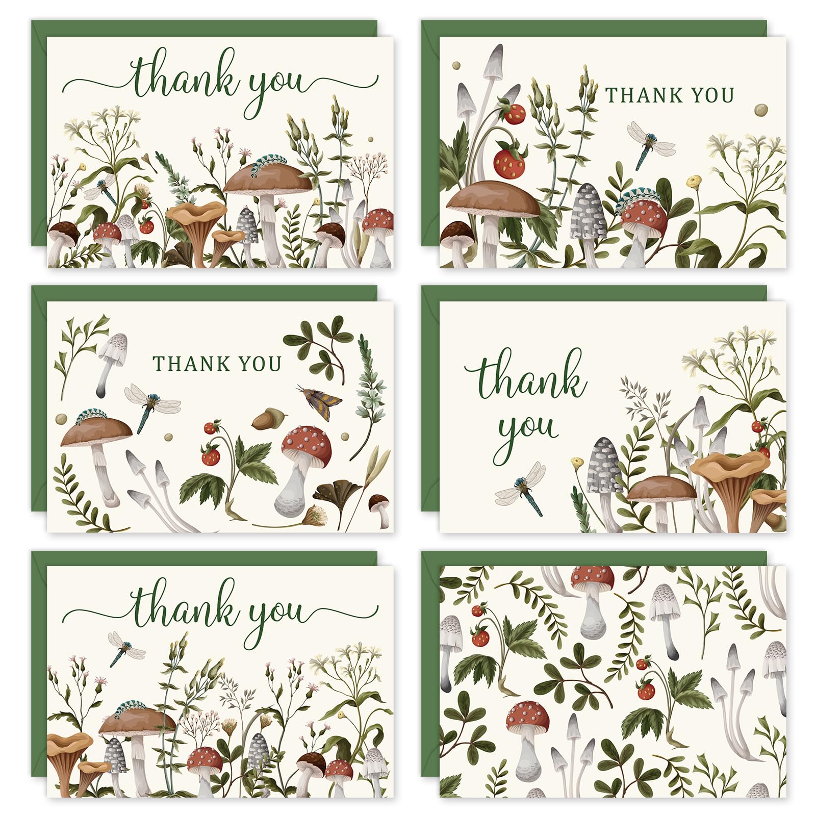 Whaline 36 Pack Vintage Mushroom Thank You Cards 6 Designs Plants Greeting Cards with Envelopes Stickers Retro Blank Note Cards for Party Invitation Supplies, 4 x 6 Inch