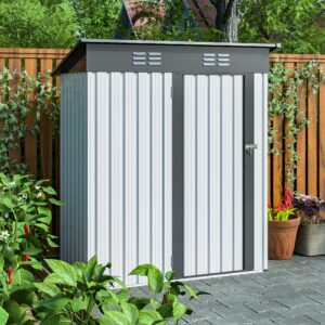 Jintop 5X3 FT Outdoor Storage Shed with Pent Roof and 2 Punched Vents,Galvanized Metal Garden Sheds w/Lockable Doors,Hinged Door & Padlock,for Patio Lawn Backyard Trash Cans Tool,White+Grey