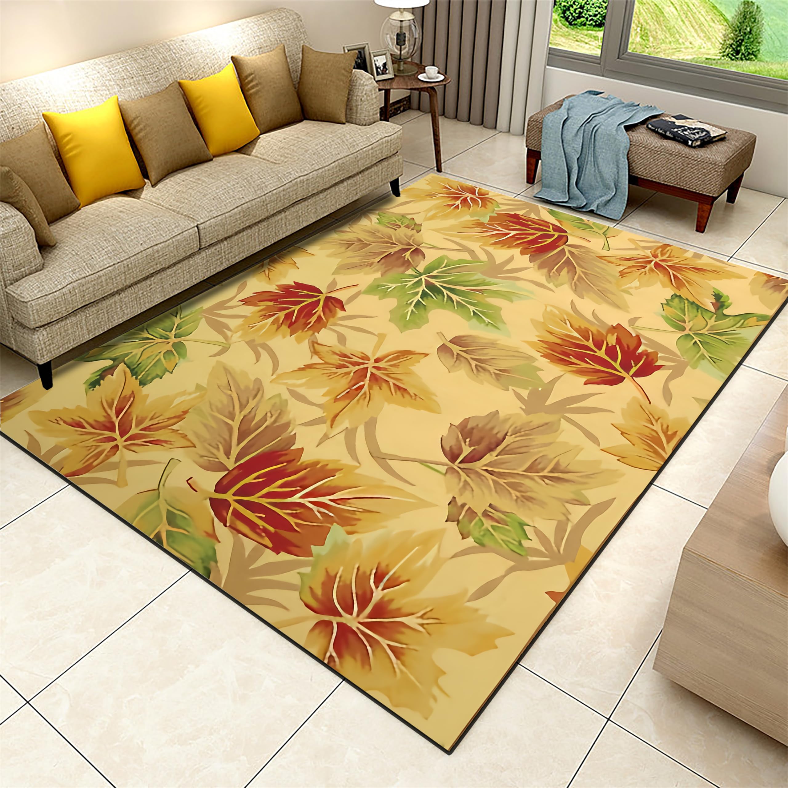 Houient Maple Leaf Area Rug, 4x6ft, Large Washable Soft Carpet,Orange Yellow Green Leaves Fall Theme Decor Non-Slip Rugs for Living Dinning Room Bedroom Kitchen Hallway Office Modern Home Decor