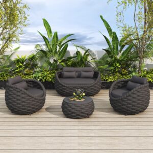 vmopu patio sofa set for outdoor and indoor use all-weather textilene 4 pieces conversation set, sectional sofa and coffee table aluminum frame garden furniture, dark gray