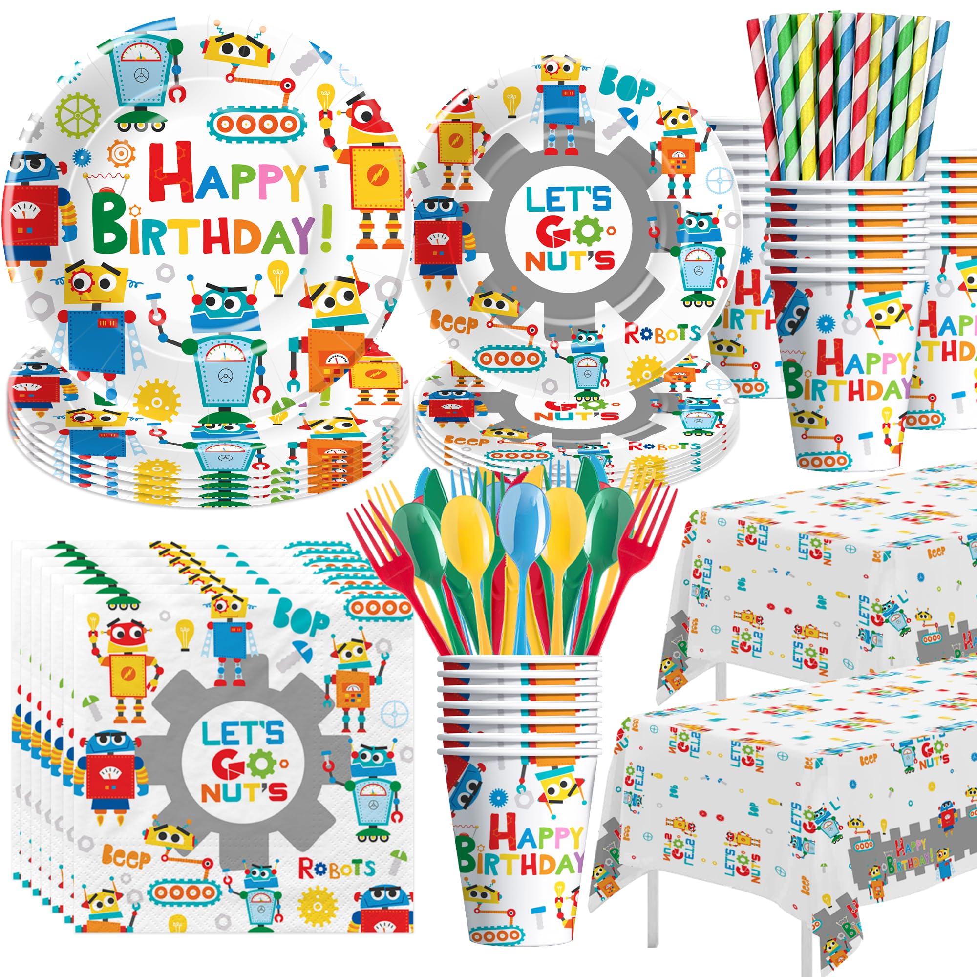 YJRJSC Robot Birthday Party Supplies, Robot Party Decorations Tableware, Paper Plate, Cup, Napkin, Tablecloth, Disposable Cutlery, Robot Let's Go Nuts Theme Birthday Baby Shower Decorations | Serve 24