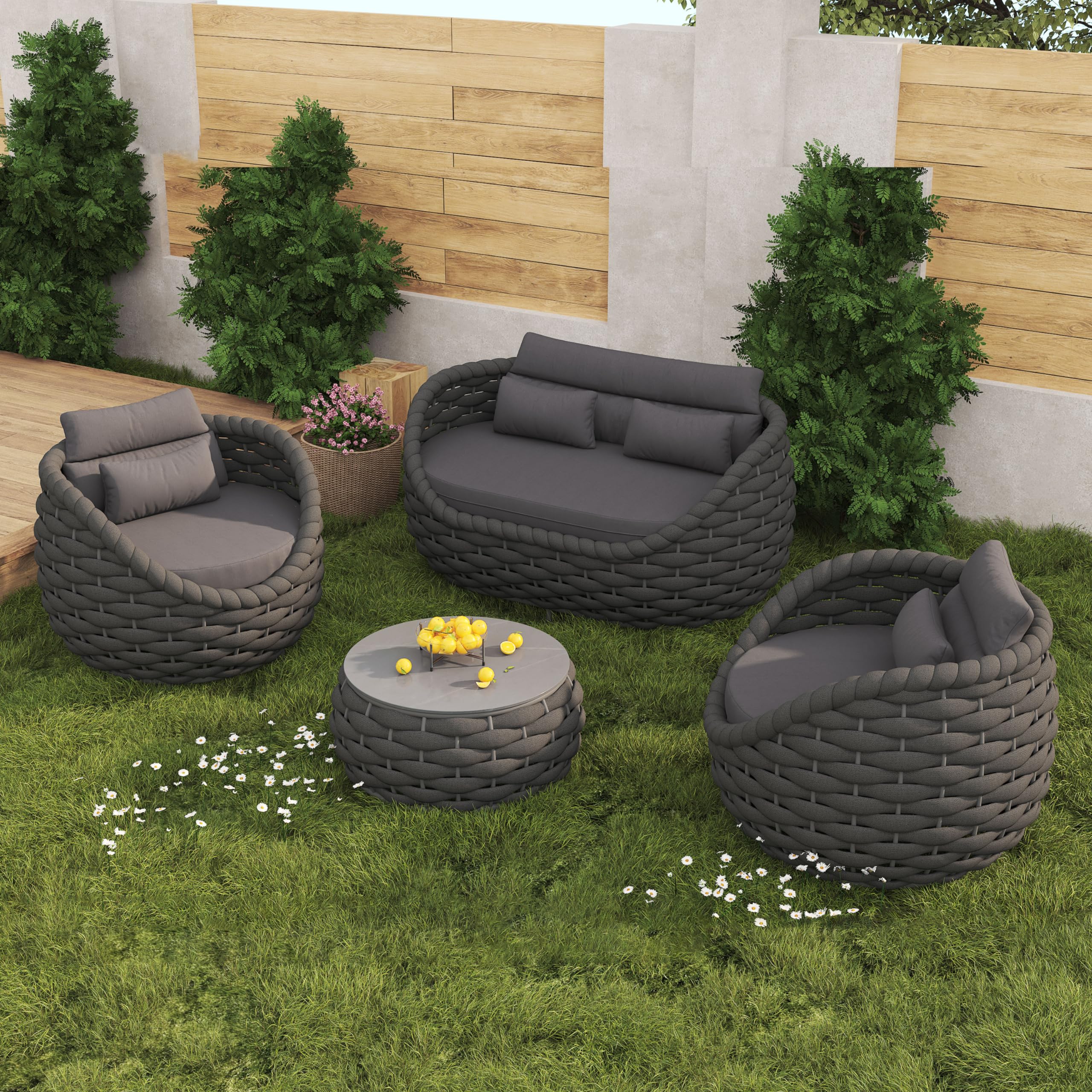 Vmopu Patio Sofa Set for Outdoor and Indoor Use All-Weather Textilene 4 Pieces Conversation Set, Sectional Sofa and Coffee Table Aluminum Frame Garden Furniture, Dark Gray