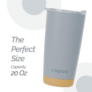 Copco Insulated Stainless Steel Travel Tumbler with Cork Bottom, 20oz, Double Wall, Leak-Proof BPA-Free Lid, Portable Reusable Travel Coffee Mug for Hot and Cold Beverages, Spill-Proof (Gray)