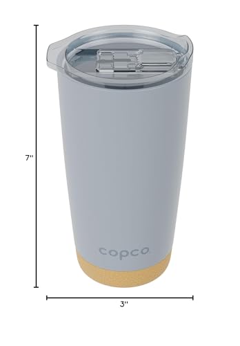 Copco Insulated Stainless Steel Travel Tumbler with Cork Bottom, 20oz, Double Wall, Leak-Proof BPA-Free Lid, Portable Reusable Travel Coffee Mug for Hot and Cold Beverages, Spill-Proof (Gray)