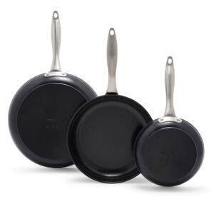 greenpan black pro infinite8 ceramic nonstick 3-piece frypan set, 8”, 10”, and 12”, hard anodized, stainless steel handle, pfas-free