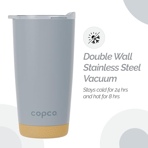 Copco Insulated Stainless Steel Travel Tumbler with Cork Bottom, 20oz, Double Wall, Leak-Proof BPA-Free Lid, Portable Reusable Travel Coffee Mug for Hot and Cold Beverages, Spill-Proof (Gray)