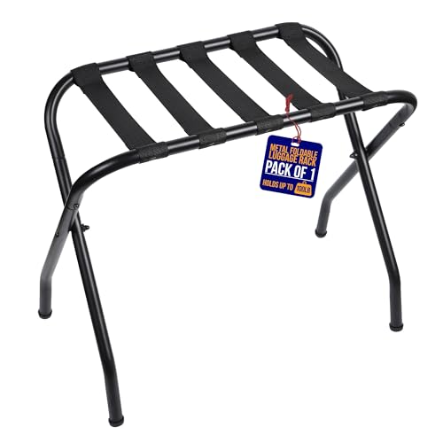 Lifemaster Metal Luggage Rack - Pack of 1 Foldable, Easy Assembly, Space Saving, and Stylish Steel Frame Guest Suitcase Stands with Nylon Straps - Black