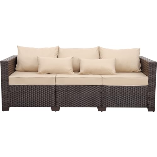 Outdoor Patio Furniture Outdoor Couch 3 Seater Sofa Outdoor Brown Wicker Sofa Deep Seat High Backrest Patio Couch with Anti-Slip Cushions and Waterproof Cover, Khaki