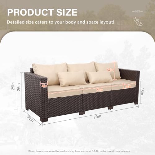 Outdoor Patio Furniture Outdoor Couch 3 Seater Sofa Outdoor Brown Wicker Sofa Deep Seat High Backrest Patio Couch with Anti-Slip Cushions and Waterproof Cover, Khaki